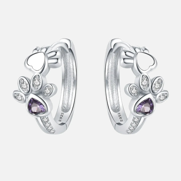 Boucles d'oreilles Paw Huggie en argent avec zircons et gemme en forme de cœur