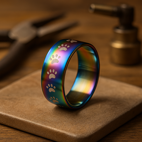 Bague avec empreinte de patte en acier inoxydable arc-en-ciel faite à la main